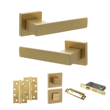Quality image of Senza Pari Panetti Door Handle Pack (Bathroom Set - 3" CE Bathroom Lock, 4" Slim Knuckle Hinges x2) - Satin Brass | Sku. adpsp217sb13 | available from Trade Door Handles.