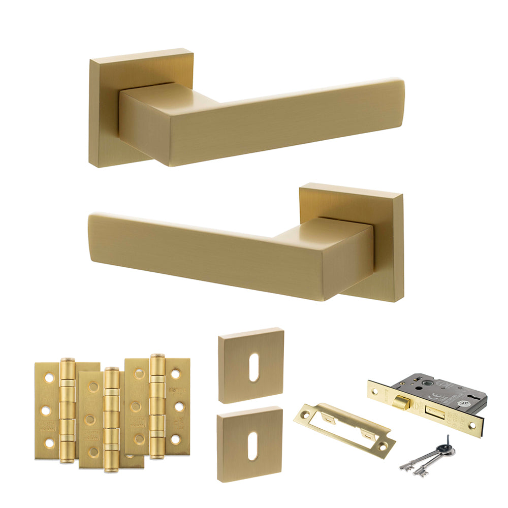 Quality image of Senza Pari Panetti Door Handle Pack (3 Lever Lock Set - 2.5" CE Sashlock, 3" Fire Rated Hinges x3) - Satin Brass | Sku. adpsp217sb14 | available from Trade Door Handles.