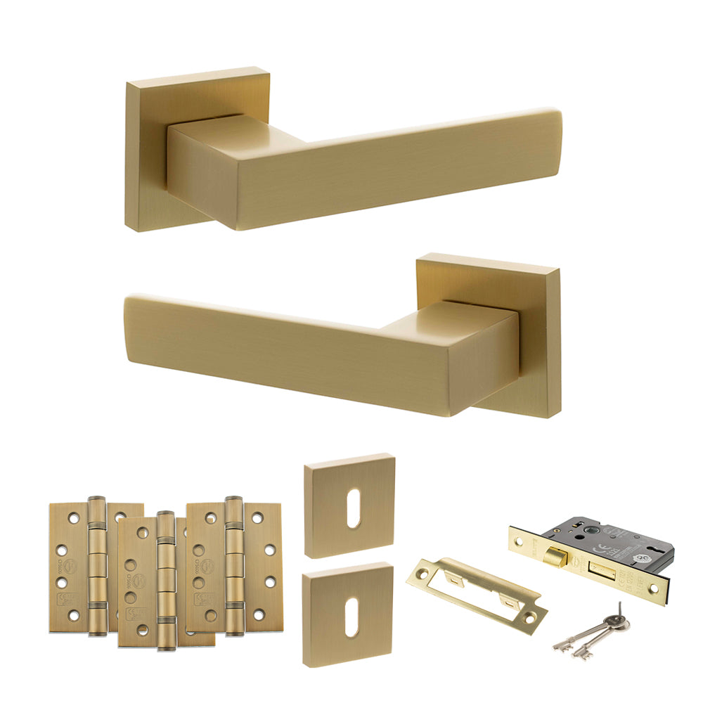 Quality image of Senza Pari Panetti Door Handle Pack (3 Lever Lock Set - 3" CE Sashlock, 4" Fire Rated Hinges x3) - Satin Brass | Sku. adpsp217sb17 | available from Trade Door Handles.