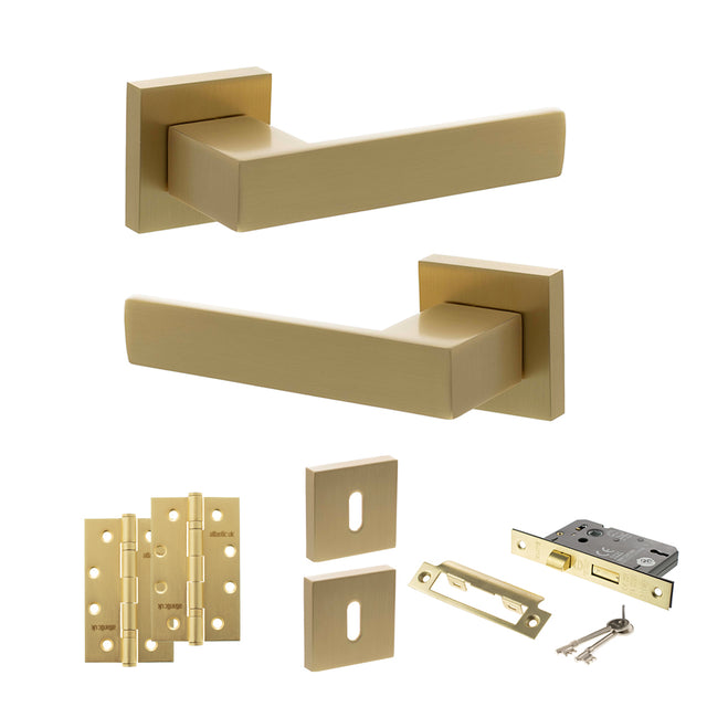 Quality image of Senza Pari Panetti Door Handle Pack (3 Lever Lock Set - 3" CE Sashlock, 4" Slim Knuckle Hinges x2) - Satin Brass | Sku. adpsp217sb19 | available from Trade Door Handles.