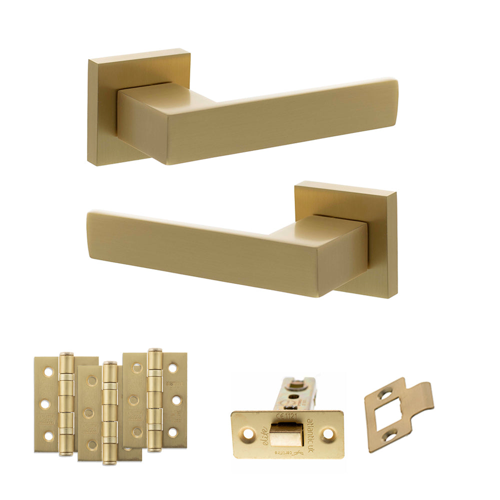 Quality image of Senza Pari Panetti Door Handle Pack (Latch Set - 2.5" CE Latch, 3" Fire Rated Hinges x3) - Satin Brass | Sku. adpsp217sb1 | available from Trade Door Handles.
