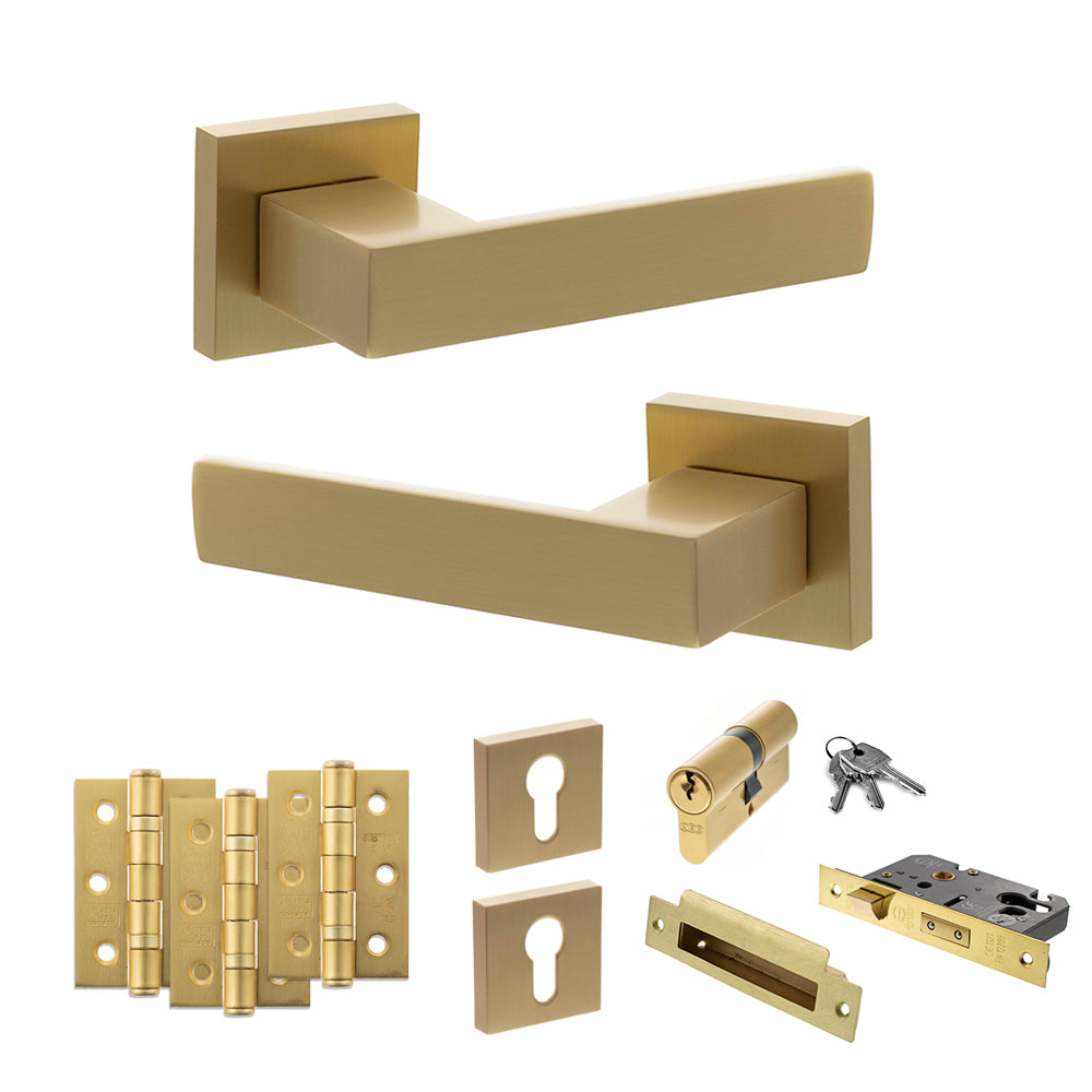 Quality image of Senza Pari Panetti Door Handle Pack (Euro Lock Set - 3" CE Sashlock, 3" Fire Rated Hinges x3) - Satin Brass | Sku. adpsp217sb21 | available from Trade Door Handles.