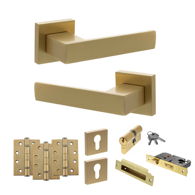 Quality image of Senza Pari Panetti Door Handle Pack (Euro Lock Set - 2.5" CE Sashlock, 4" Fire Rated Hinges x3) - Satin Brass | Sku. adpsp217sb22 | available from Trade Door Handles.
