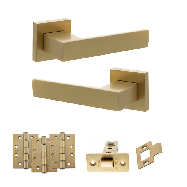 Quality image of Senza Pari Panetti Door Handle Pack (Latch Set - 2.5" CE Latch, 4" Fire Rated Hinges x3) - Satin Brass | Sku. adpsp217sb3 | available from Trade Door Handles.