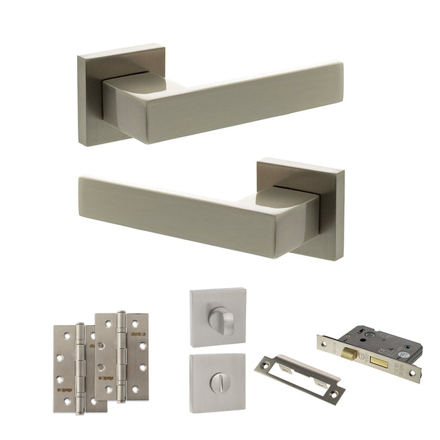 Quality image of Senza Pari Panetti Door Handle Pack (Bathroom Set - 2.5" CE Bathroom Lock, 4" Slim Knuckle Hinges x2) - Satin Nickel | Sku. adpsp217sn12 | available from Trade Door Handles.