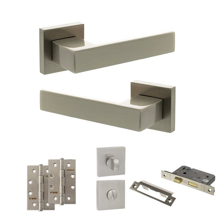 Quality image of Senza Pari Panetti Door Handle Pack (Bathroom Set - 3" CE Bathroom Lock, 4" Slim Knuckle Hinges x2) - Satin Nickel | Sku. adpsp217sn13 | available from Trade Door Handles.