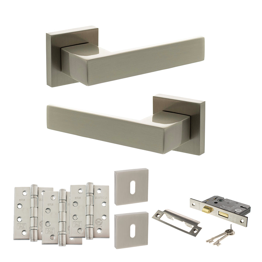 Quality image of Senza Pari Panetti Door Handle Pack (3 Lever Lock Set - 2.5" CE Sashlock, 4" Fire Rated Hinges x3) - Satin Nickel | Sku. adpsp217sn16 | available from Trade Door Handles.