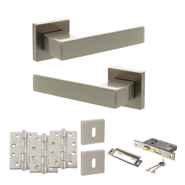 Quality image of Senza Pari Panetti Door Handle Pack (3 Lever Lock Set - 2.5" CE Sashlock, 4" Fire Rated Hinges x3) - Satin Nickel | Sku. adpsp217sn16 | available from Trade Door Handles.