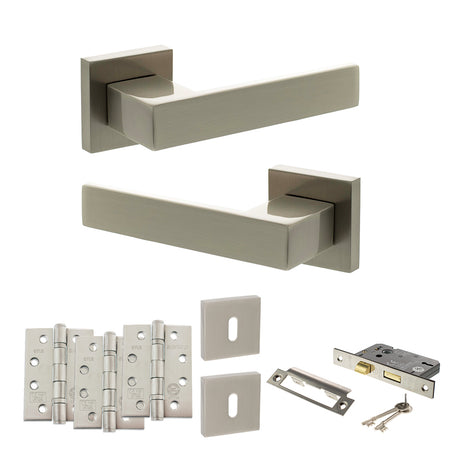 Quality image of Senza Pari Panetti Door Handle Pack (3 Lever Lock Set - 3" CE Sashlock, 4" Fire Rated Hinges x3) - Satin Nickel | Sku. adpsp217sn17 | available from Trade Door Handles.