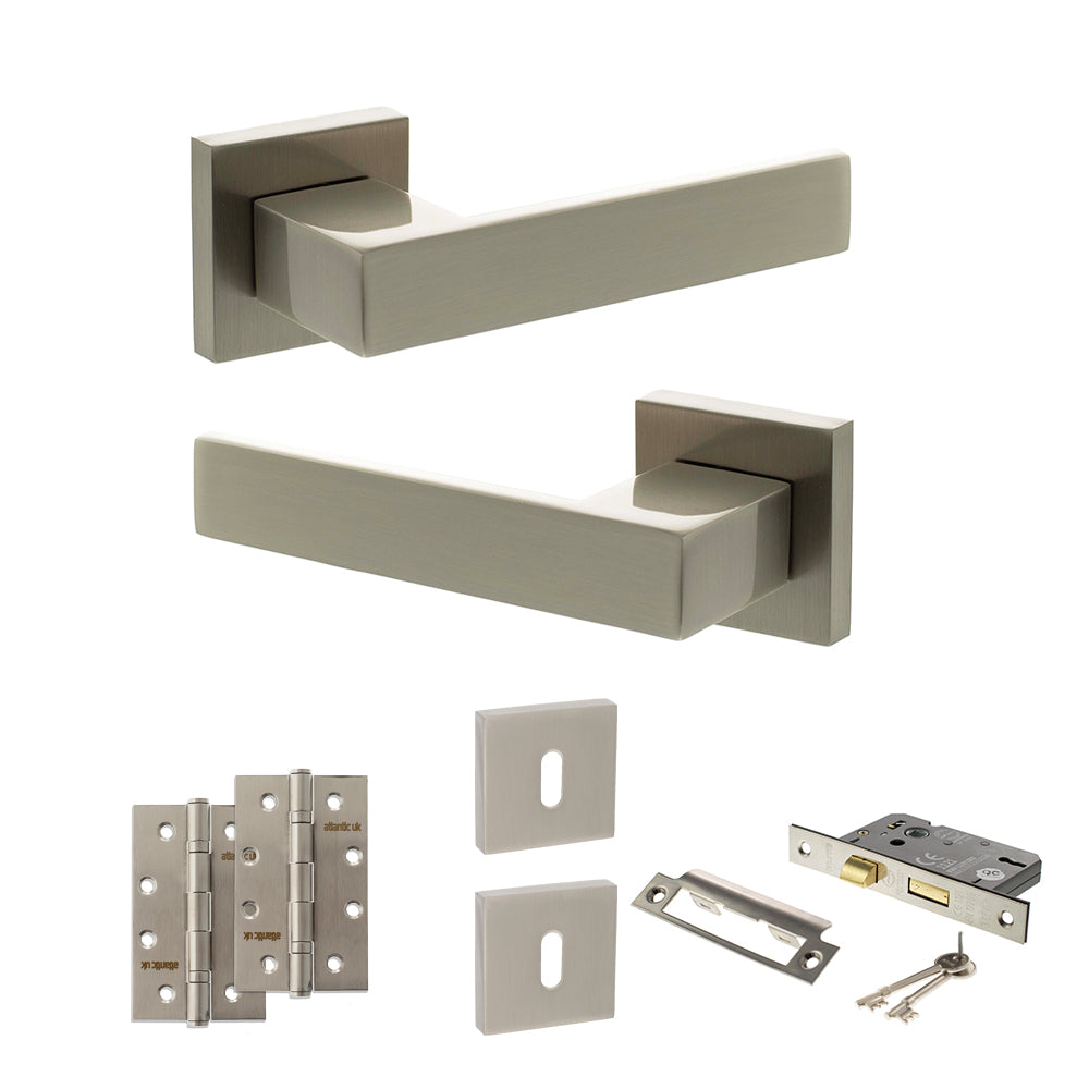 Quality image of Senza Pari Panetti Door Handle Pack (3 Lever Lock Set - 3" CE Sashlock, 4" Slim Knuckle Hinges x2) - Satin Nickel | Sku. adpsp217sn19 | available from Trade Door Handles.
