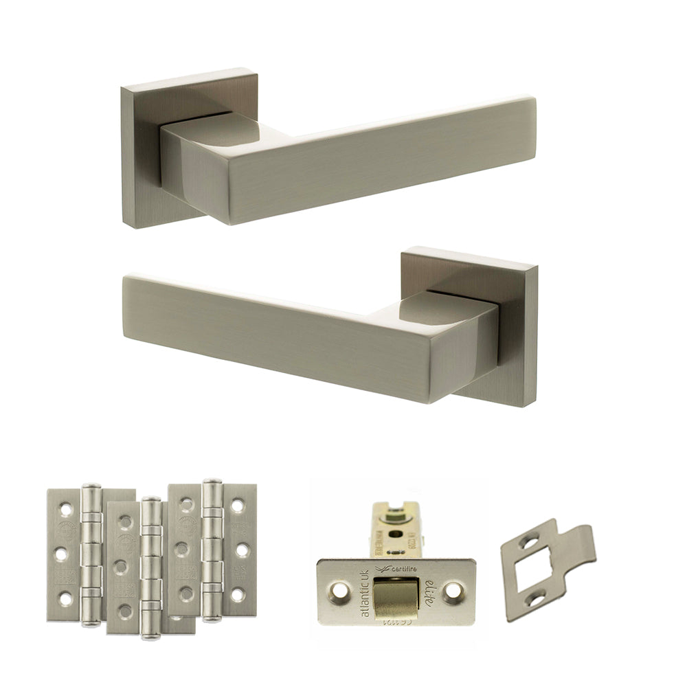Quality image of Senza Pari Panetti Door Handle Pack (Latch Set - 2.5" CE Latch, 3" Fire Rated Hinges x3) - Satin Nickel | Sku. adpsp217sn1 | available from Trade Door Handles.