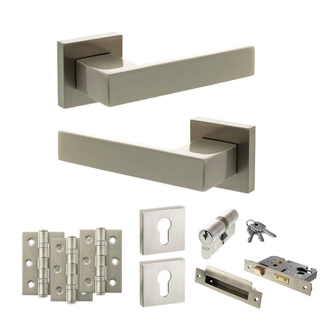 Quality image of Senza Pari Panetti Door Handle Pack (Euro Lock Set - 2.5" CE Sashlock, 3" Fire Rated Hinges x3) - Satin Nickel | Sku. adpsp217sn20 | available from Trade Door Handles.