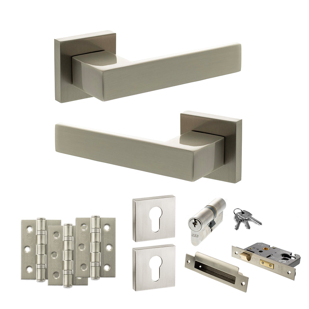 Quality image of Senza Pari Panetti Door Handle Pack (Euro Lock Set - 3" CE Sashlock, 3" Fire Rated Hinges x3) - Satin Nickel | Sku. adpsp217sn21 | available from Trade Door Handles.