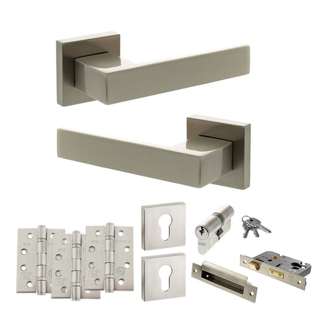 Quality image of Senza Pari Panetti Door Handle Pack (Euro Lock Set - 2.5" CE Sashlock, 4" Fire Rated Hinges x3) - Satin Nickel | Sku. adpsp217sn22 | available from Trade Door Handles.