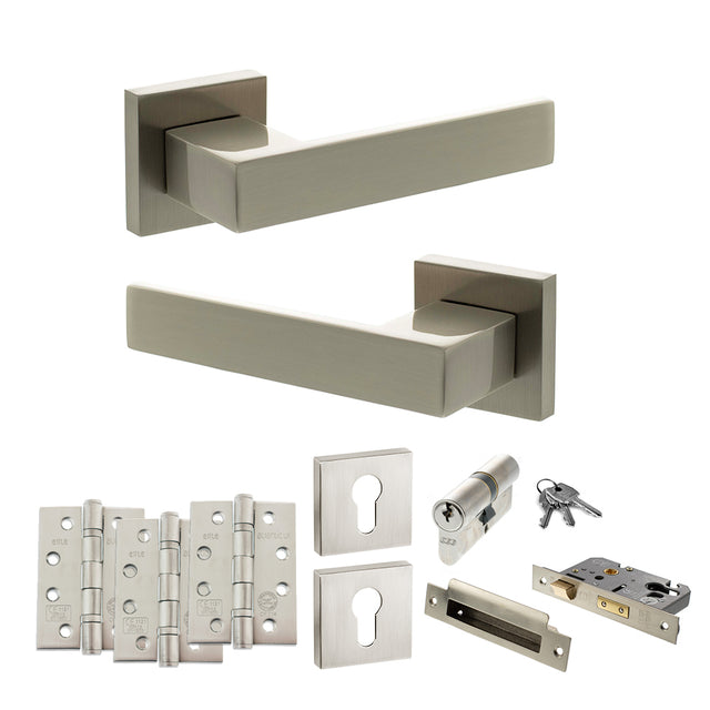 Quality image of Senza Pari Panetti Door Handle Pack (Euro Lock Set - 2.5" CE Sashlock, 4" Fire Rated Hinges x3) - Satin Nickel | Sku. adpsp217sn22 | available from Trade Door Handles.