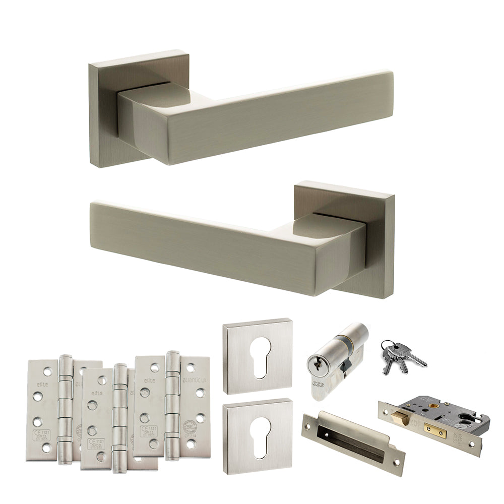 Quality image of Senza Pari Panetti Door Handle Pack (Euro Lock Set - 3" CE Sashlock, 4" Fire Rated Hinges x3) - Satin Nickel | Sku. adpsp217sn23 | available from Trade Door Handles.