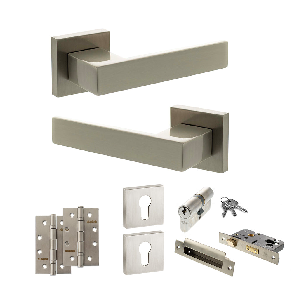 Quality image of Senza Pari Panetti Door Handle Pack (Euro Lock Set - 2.5" CE Sashlock, 4" Slim Knuckle Hinges x2) - Satin Nickel | Sku. adpsp217sn24 | available from Trade Door Handles.