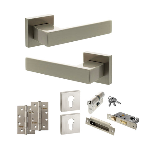 Quality image of Senza Pari Panetti Door Handle Pack (Euro Lock Set - 2.5" CE Sashlock, 4" Slim Knuckle Hinges x2) - Satin Nickel | Sku. adpsp217sn24 | available from Trade Door Handles.