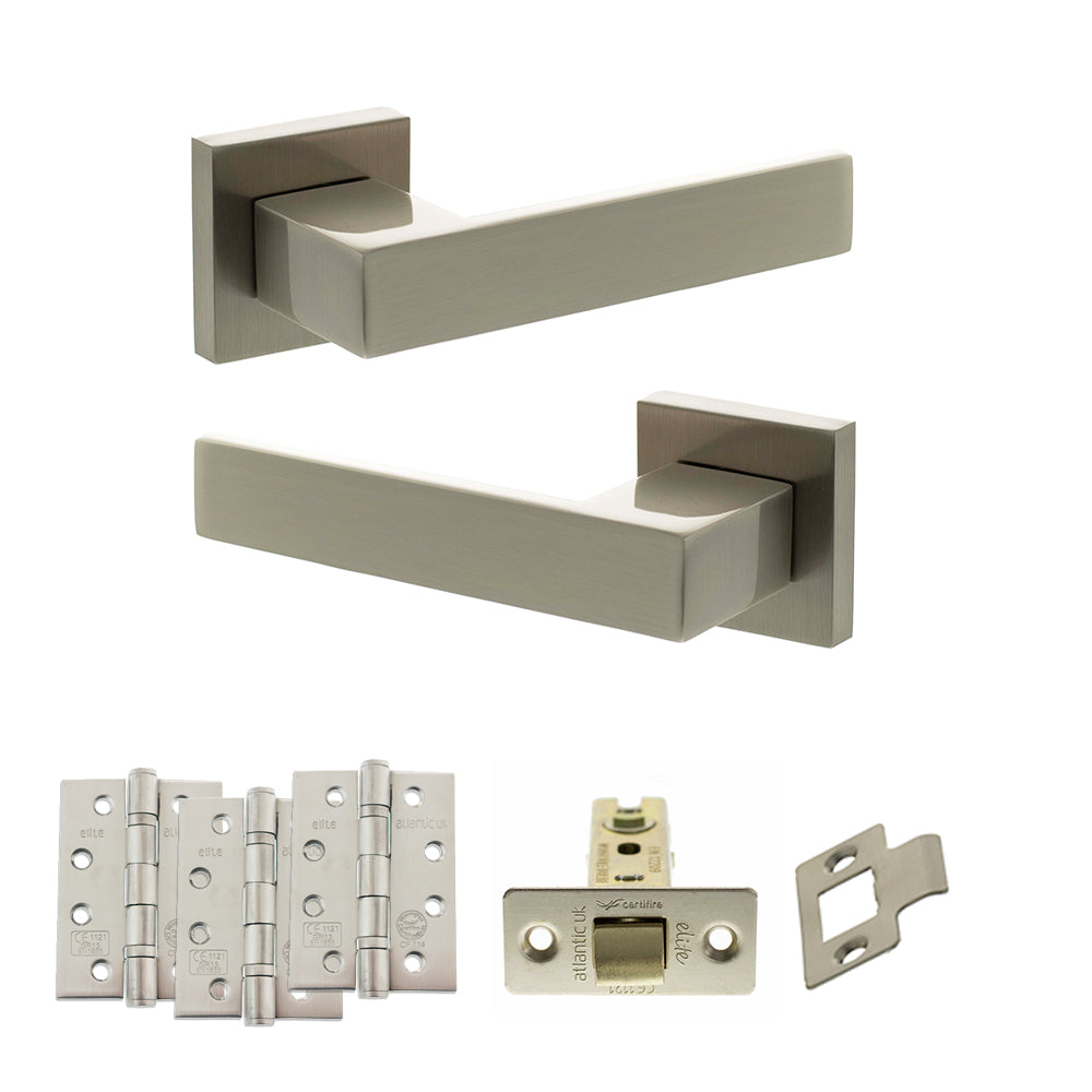 Quality image of Senza Pari Panetti Door Handle Pack (Latch Set - 3" CE Latch, 4" Fire Rated Hinges x3) - Satin Nickel | Sku. adpsp217sn4 | available from Trade Door Handles.