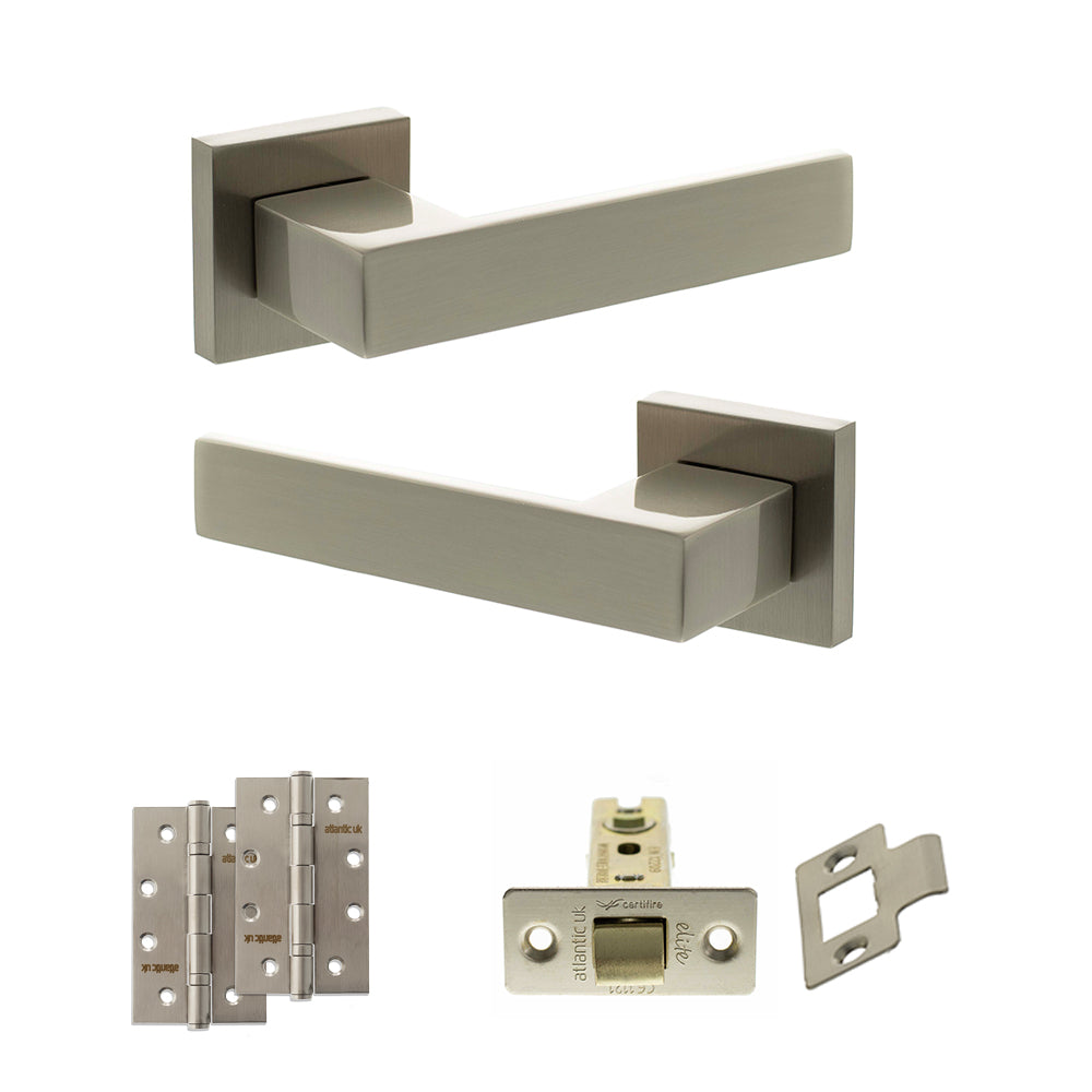 Quality image of Senza Pari Panetti Door Handle Pack (Latch Set - 2.5" CE Latch, 4" Slim Knuckle Hinges x2) - Satin Nickel | Sku. adpsp217sn5 | available from Trade Door Handles.