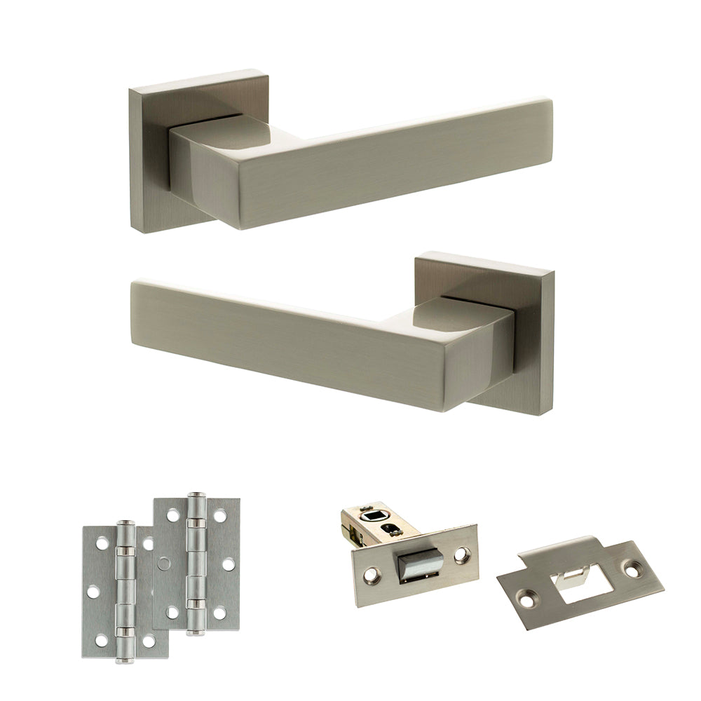 Quality image of Senza Pari Panetti Door Handle Pack (Latch Set - 2.5" Latch, 3" Hinges x2) - Satin Nickel | Sku. adpsp217sn7 | available from Trade Door Handles.