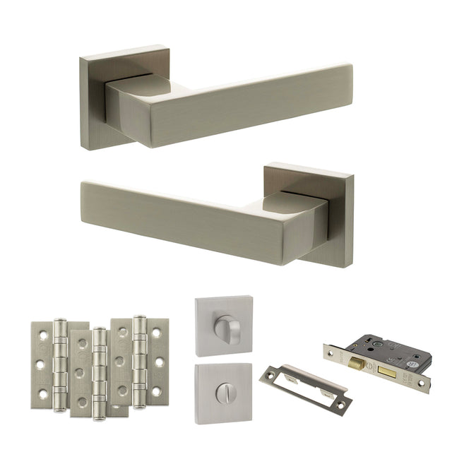 Quality image of Senza Pari Panetti Door Handle Pack (Bathroom Set - 2.5" CE Bathroom Lock, 3" Fire Rated Hinges x3) - Satin Nickel | Sku. adpsp217sn8 | available from Trade Door Handles.