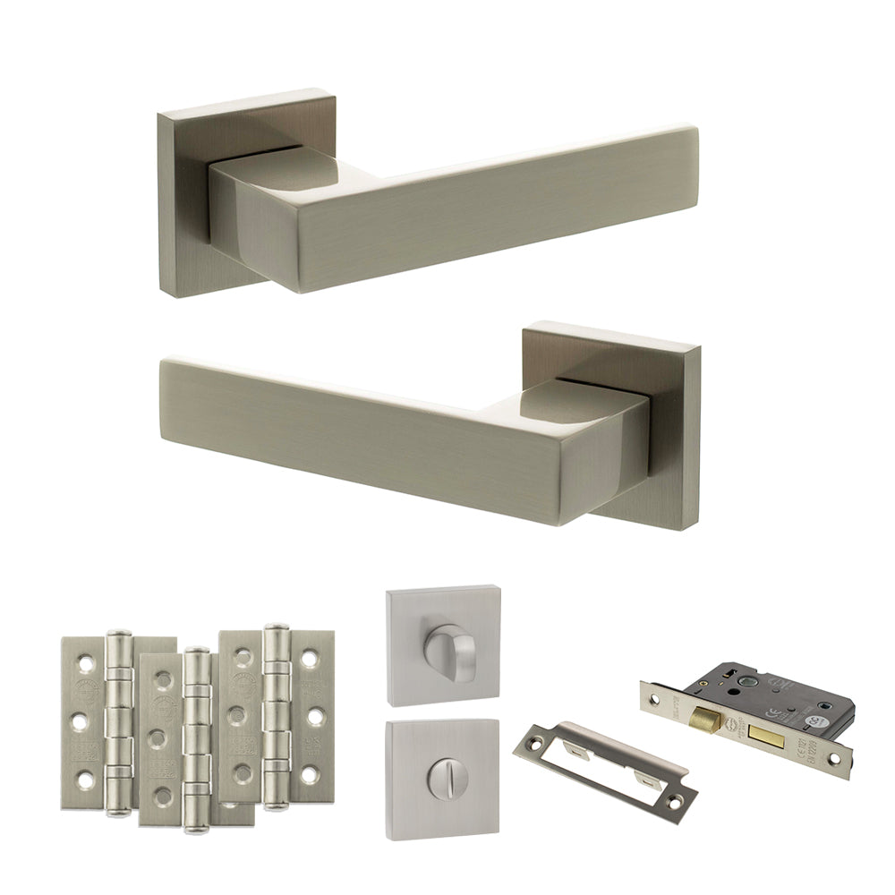 Quality image of Senza Pari Panetti Door Handle Pack (Bathroom Set - 3" CE Bathroom Lock, 3" Fire Rated Hinges x3) - Satin Nickel | Sku. adpsp217sn9 | available from Trade Door Handles.