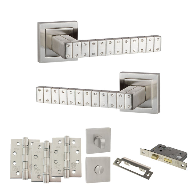 Quality image of Senza Pari Bianca Door Handle Pack (Bathroom Set - 3" CE Bathroom Lock, 4" Fire Rated Hinges x3) - Satin Nickel | Sku. adpspc193sn11 | available from Trade Door Handles.