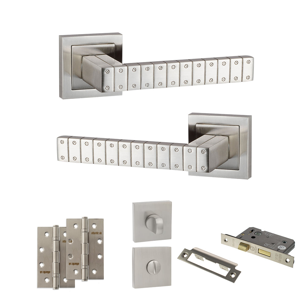 Quality image of Senza Pari Bianca Door Handle Pack (Bathroom Set - 3" CE Bathroom Lock, 4" Slim Knuckle Hinges x2) - Satin Nickel | Sku. adpspc193sn13 | available from Trade Door Handles.