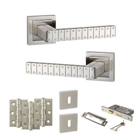 Quality image of Senza Pari Bianca Door Handle Pack (3 Lever Lock Set - 3" CE Sashlock, 3" Fire Rated Hinges x3) - Satin Nickel | Sku. adpspc193sn15 | available from Trade Door Handles.