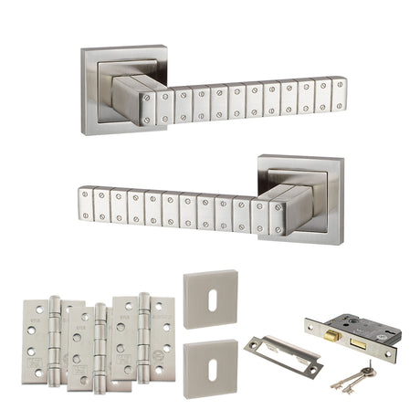 Quality image of Senza Pari Bianca Door Handle Pack (3 Lever Lock Set - 3" CE Sashlock, 4" Fire Rated Hinges x3) - Satin Nickel | Sku. adpspc193sn17 | available from Trade Door Handles.