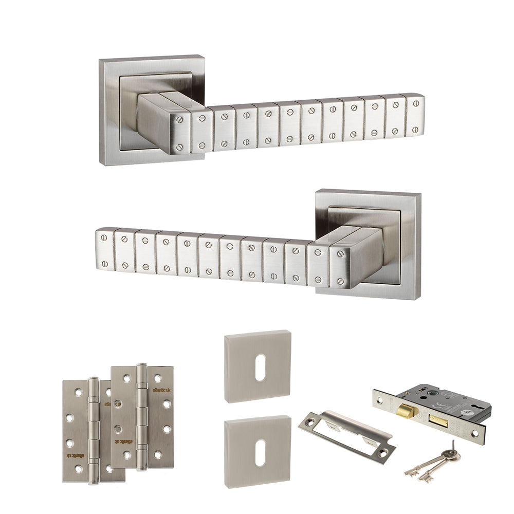 Quality image of Senza Pari Bianca Door Handle Pack (3 Lever Lock Set - 2.5" CE Sashlock, 4" Slim Knuckle Hinges x2) - Satin Nickel | Sku. adpspc193sn18 | available from Trade Door Handles.