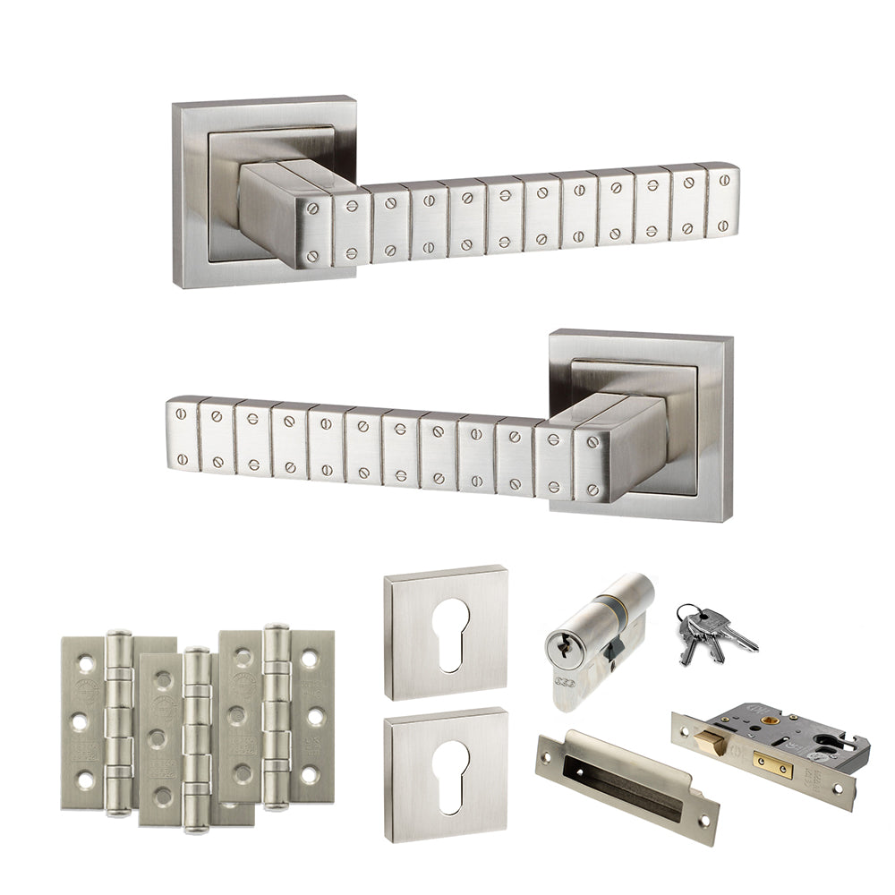 Quality image of Senza Pari Bianca Door Handle Pack (Euro Lock Set - 3" CE Sashlock, 3" Fire Rated Hinges x3) - Satin Nickel | Sku. adpspc193sn21 | available from Trade Door Handles.