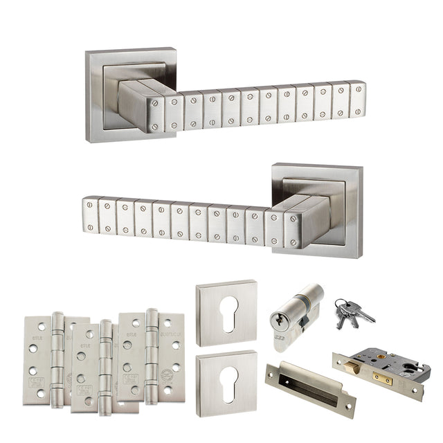 Quality image of Senza Pari Bianca Door Handle Pack (Euro Lock Set - 3" CE Sashlock, 4" Fire Rated Hinges x3) - Satin Nickel | Sku. adpspc193sn23 | available from Trade Door Handles.