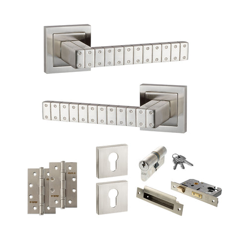 Quality image of Senza Pari Bianca Door Handle Pack (Euro Lock Set - 2.5" CE Sashlock, 4" Slim Knuckle Hinges x2) - Satin Nickel | Sku. adpspc193sn24 | available from Trade Door Handles.