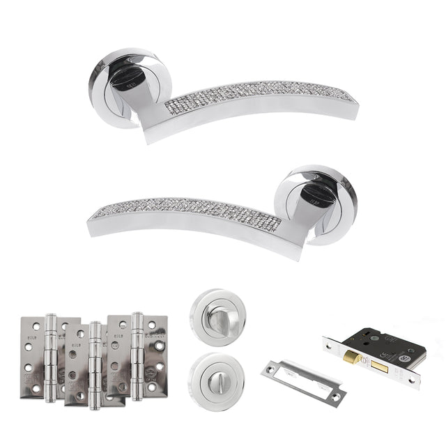 Quality image of Senza Pari Crystal Door Handle Pack (Bathroom Set - 3" CE Bathroom Lock, 4" Fire Rated Hinges x3) - Polished Chrome | Sku. adpspm167crcp11 | available from Trade Door Handles.