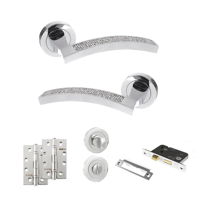 Quality image of Senza Pari Crystal Door Handle Pack (Bathroom Set - 3" CE Bathroom Lock, 4" Slim Knuckle Hinges x2) - Polished Chrome | Sku. adpspm167crcp13 | available from Trade Door Handles.