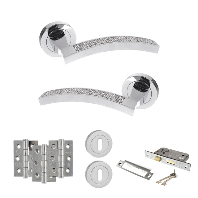 Quality image of Senza Pari Crystal Door Handle Pack (3 Lever Lock Set - 2.5" CE Sashlock, 3" Fire Rated Hinges x3) - Polished Chrome | Sku. adpspm167crcp14 | available from Trade Door Handles.