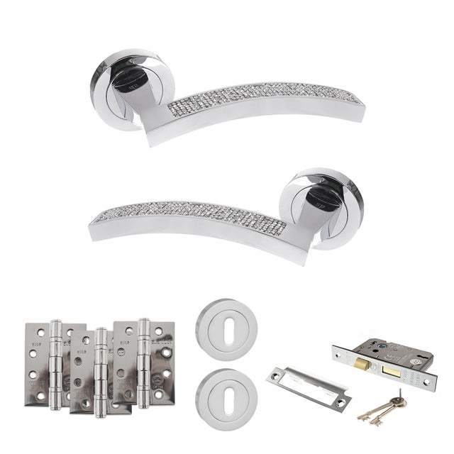 Quality image of Senza Pari Crystal Door Handle Pack (3 Lever Lock Set - 3" CE Sashlock, 4" Fire Rated Hinges x3) - Polished Chrome | Sku. adpspm167crcp17 | available from Trade Door Handles.