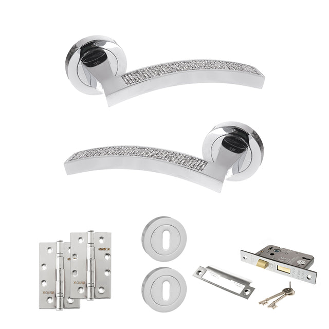 Quality image of Senza Pari Crystal Door Handle Pack (3 Lever Lock Set - 2.5" CE Sashlock, 4" Slim Knuckle Hinges x2) - Polished Chrome | Sku. adpspm167crcp18 | available from Trade Door Handles.