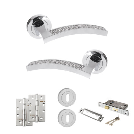 Quality image of Senza Pari Crystal Door Handle Pack (3 Lever Lock Set - 3" CE Sashlock, 4" Slim Knuckle Hinges x2) - Polished Chrome | Sku. adpspm167crcp19 | available from Trade Door Handles.
