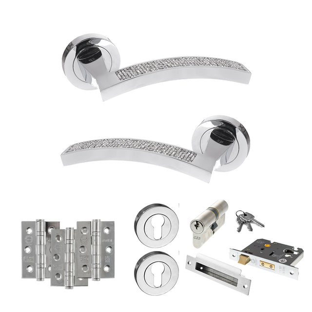 Quality image of Senza Pari Crystal Door Handle Pack (Euro Lock Set - 3" CE Sashlock, 3" Fire Rated Hinges x3) - Polished Chrome | Sku. adpspm167crcp21 | available from Trade Door Handles.