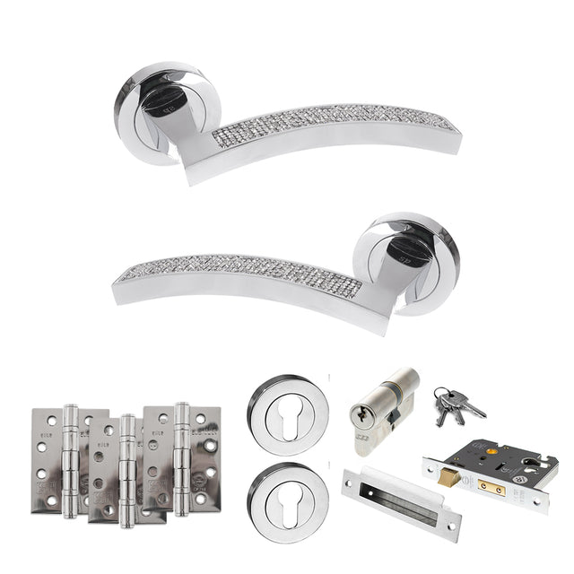 Quality image of Senza Pari Crystal Door Handle Pack (Euro Lock Set - 2.5" CE Sashlock, 4" Fire Rated Hinges x3) - Polished Chrome | Sku. adpspm167crcp22 | available from Trade Door Handles.