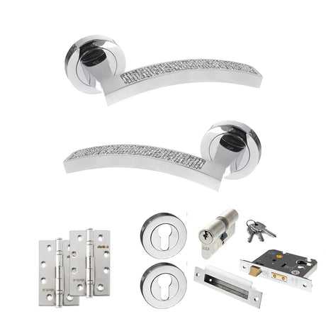 Quality image of Senza Pari Crystal Door Handle Pack (Euro Lock Set - 2.5" CE Sashlock, 4" Slim Knuckle Hinges x2) - Polished Chrome | Sku. adpspm167crcp24 | available from Trade Door Handles.