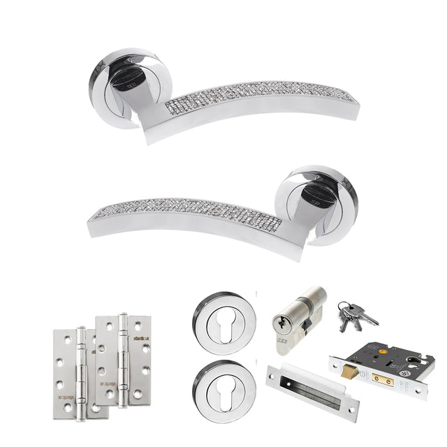 Quality image of Senza Pari Crystal Door Handle Pack (Euro Lock Set - 3" CE Sashlock, 4" Slim Knuckle Hinges x2) - Polished Chrome | Sku. adpspm167crcp25 | available from Trade Door Handles.