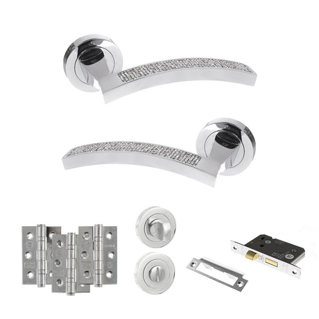 Quality image of Senza Pari Crystal Door Handle Pack (Bathroom Set - 3" CE Bathroom Lock, 3" Fire Rated Hinges x3) - Polished Chrome | Sku. adpspm167crcp9 | available from Trade Door Handles.