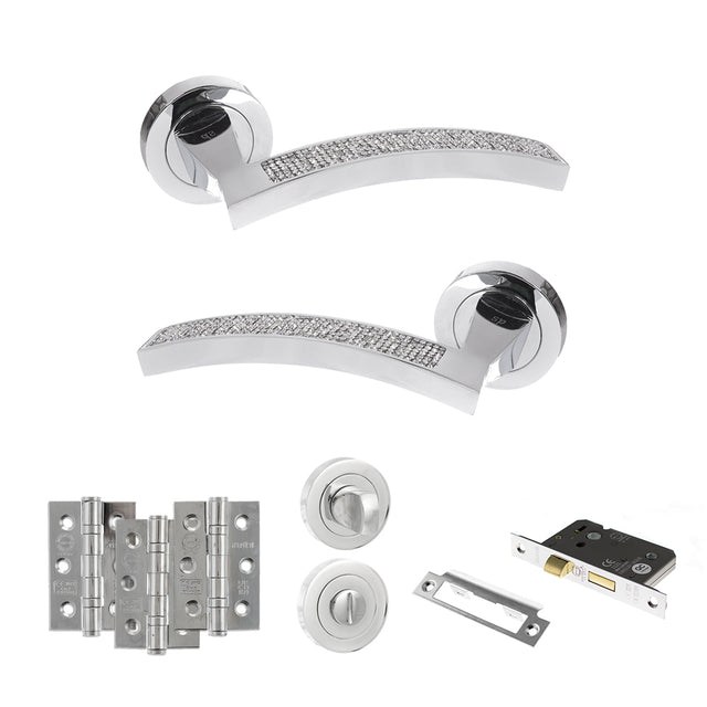 Quality image of Senza Pari Crystal Door Handle Pack (Bathroom Set - 3" CE Bathroom Lock, 3" Fire Rated Hinges x3) - Polished Chrome | Sku. adpspm167crcp9 | available from Trade Door Handles.