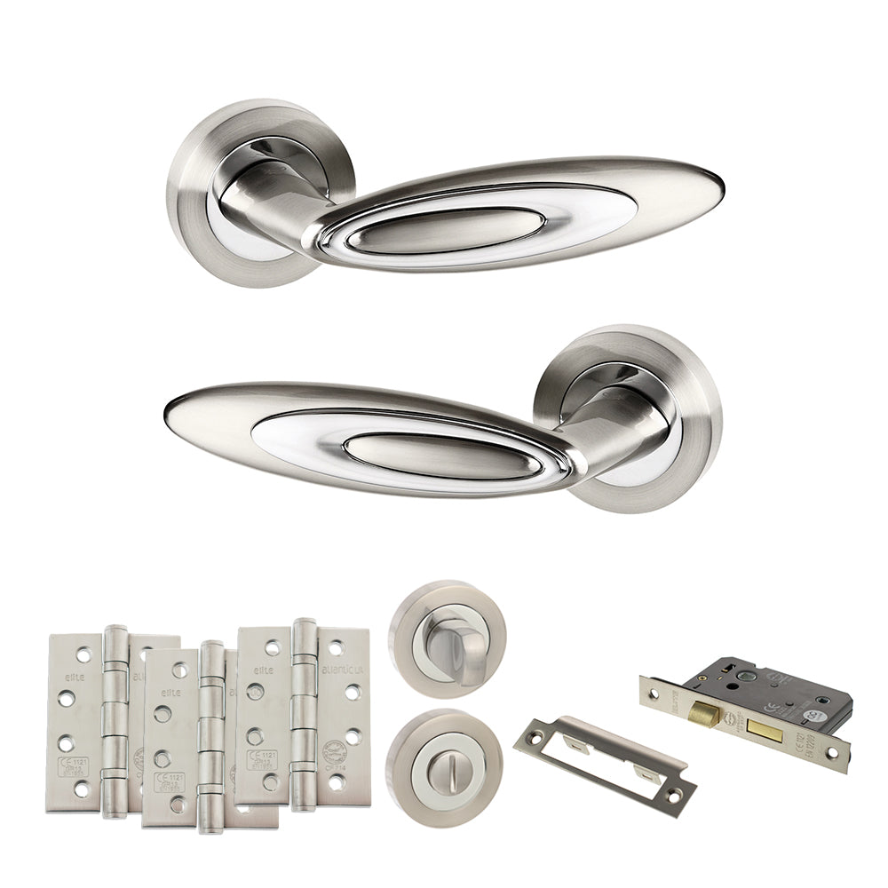 Quality image of Senza Pari Elisse Door Handle Pack (Bathroom Set - 2.5" CE Bathroom Lock, 4" Fire Rated Hinges x3) - Satin Nickel/Chrome Plate | Sku. adpspm222sncp10 | available from Trade Door Handles.