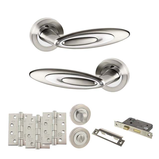 Quality image of Senza Pari Elisse Door Handle Pack (Bathroom Set - 2.5" CE Bathroom Lock, 4" Fire Rated Hinges x3) - Satin Nickel/Chrome Plate | Sku. adpspm222sncp10 | available from Trade Door Handles.