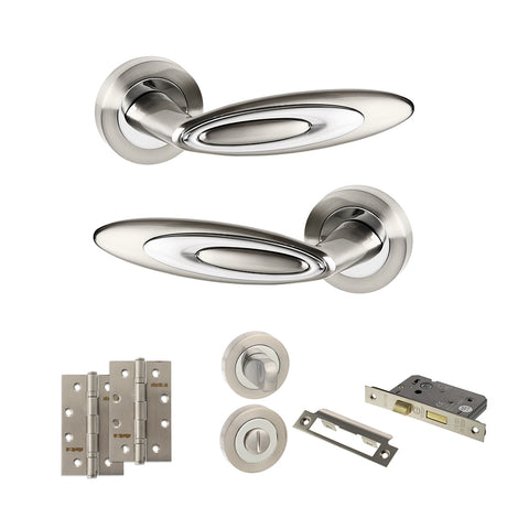 Quality image of Senza Pari Elisse Door Handle Pack (Bathroom Set - 2.5" CE Bathroom Lock, 4" Slim Knuckle Hinges x2) - Satin Nickel/Chrome Plate | Sku. adpspm222sncp12 | available from Trade Door Handles.
